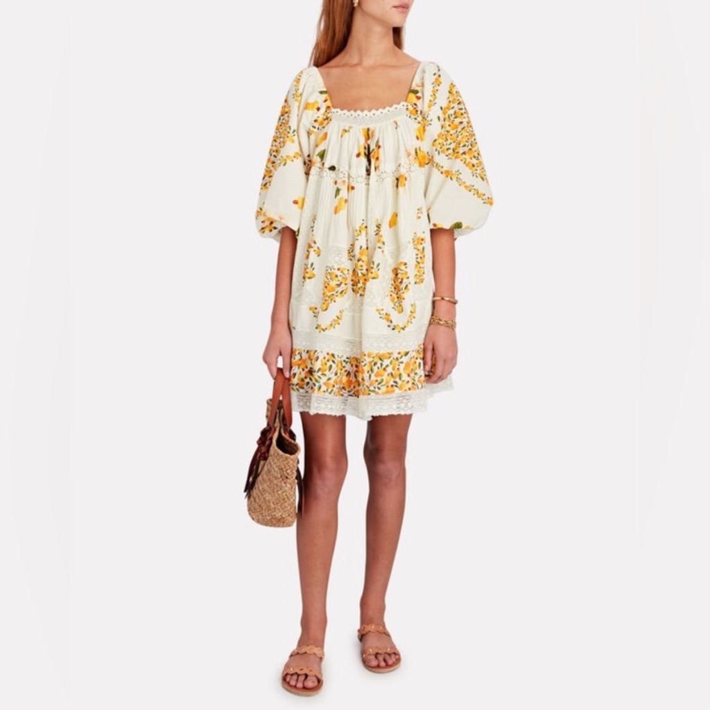 Farm Rio Cashew Floral Pear Puff Sleeve Mini Dress Size Small